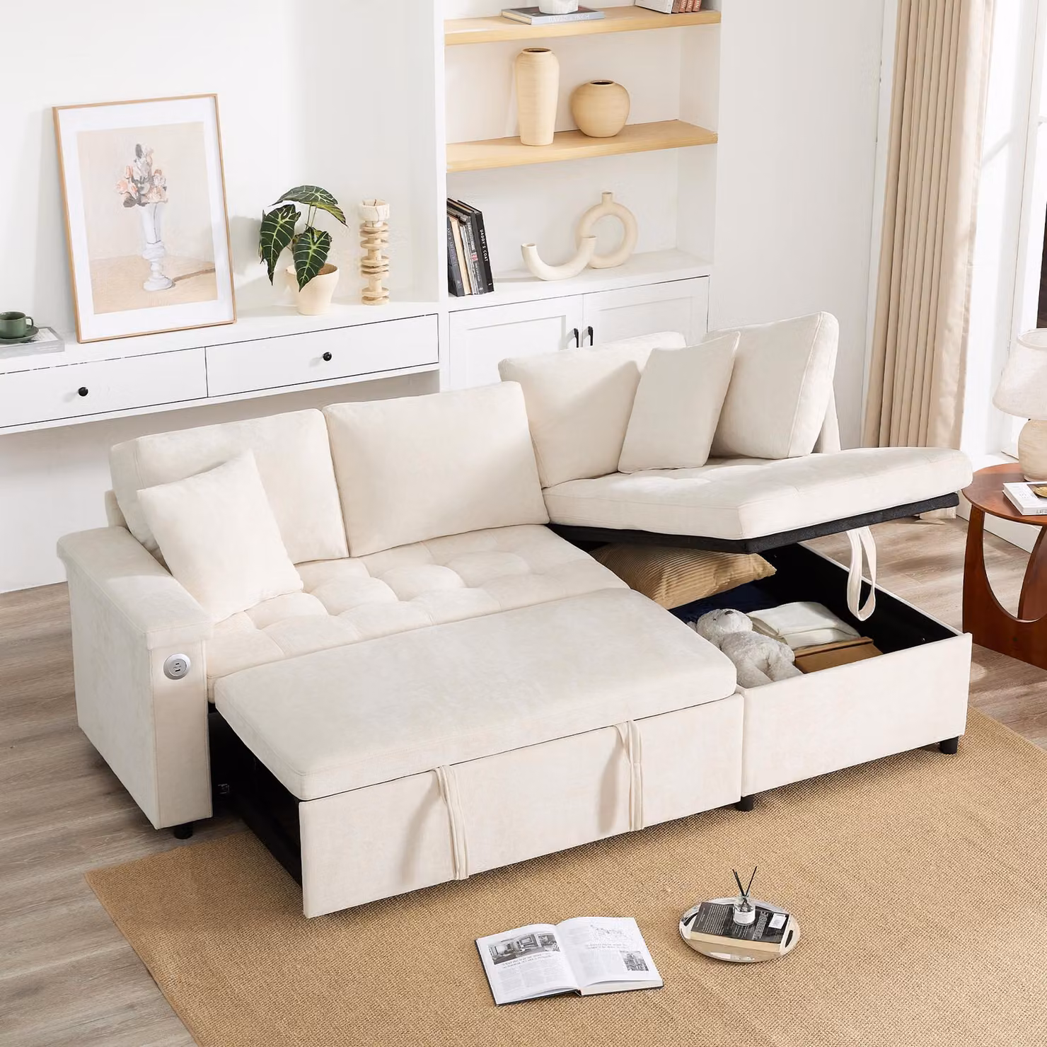 Divano angolare Merax, divano a L con funzione letto, box letto, 3 cuscini, USB, divano letto, divano letto, divano da salotto, soffa, ciniglia, beige