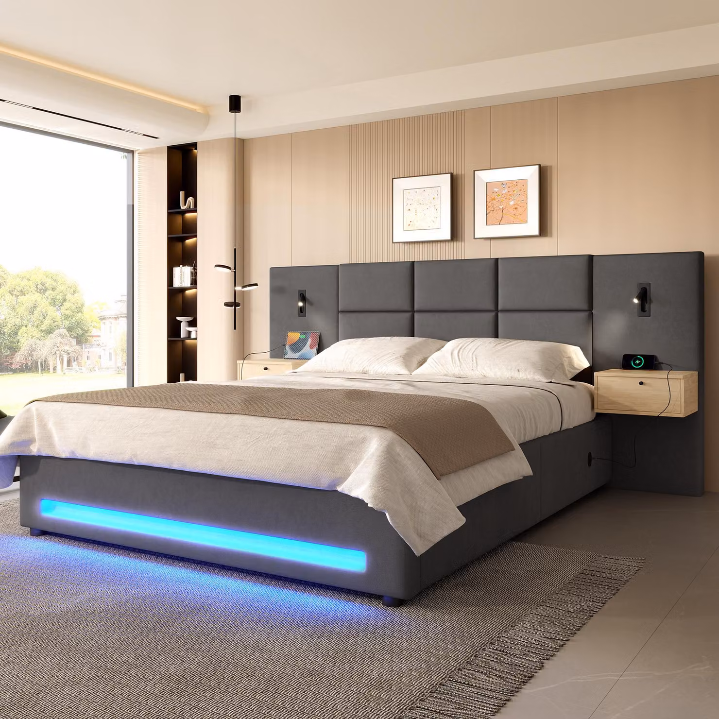Letto imbottito okwish 160x200 con materasso e luce notturna, letto per ragazzi con cassetti e porta USB-C, letto matrimoniale con contenitore, color grigio scuro