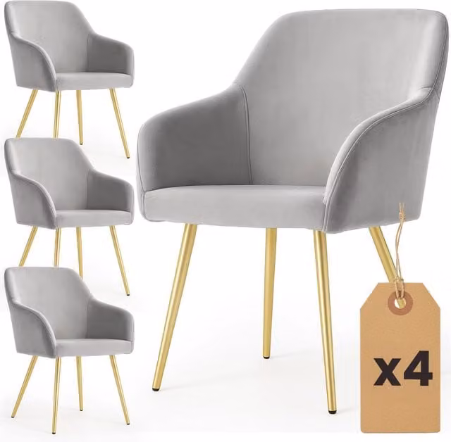 Set di 4 Sedie in velluto liscio ESTELLE Grigio gambe oro
