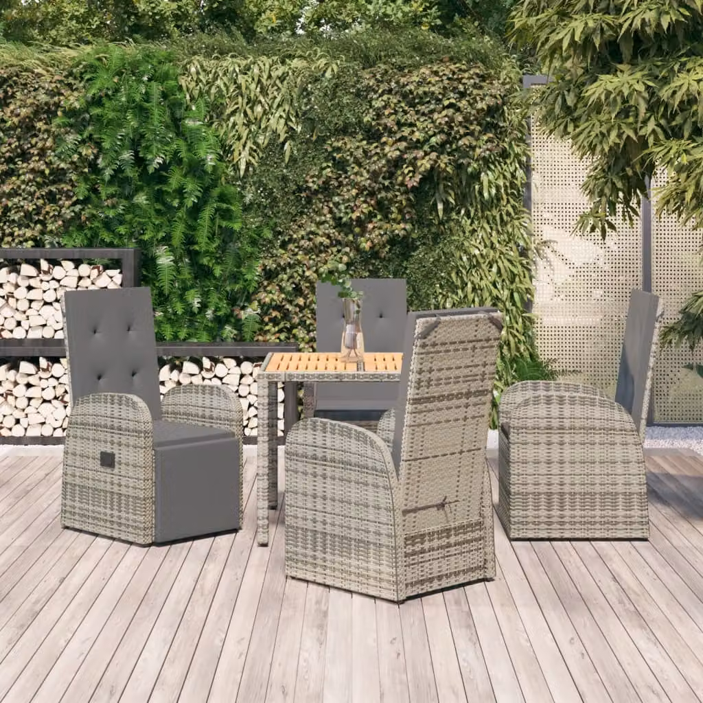 Set da pranzo da giardino vidaXL in polyrattan e legno di acacia grigio con 5 pezzi e cuscini