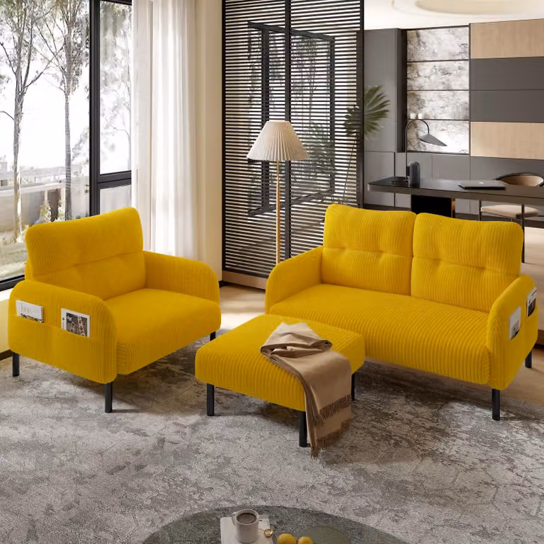 Sweiko Cord set di 3 poltrone + sgabello + divano a 2 posti con tasca laterale Struttura in acciaio tubolare e schienale extra morbido Seduta profonda per il massimo comfort Combinabile in modo modulare per il soggiorno, giallo senape