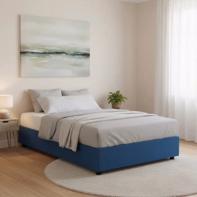 Letto matrimoniale contenitore Alaksir Talamo Italia con rivestimento in tessuto e materasso incluso, Blu, L/P: 140 x 200 cm – 1
