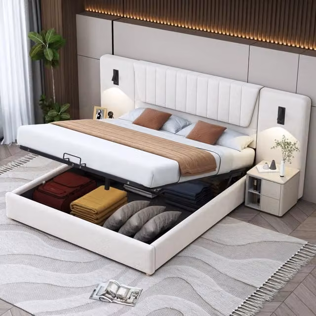 Letto Contenitore Matrimoniale Imbottito ¨C MINIMAL ¨C Velluto Beige, Idraulico, LED, USB, 180x200