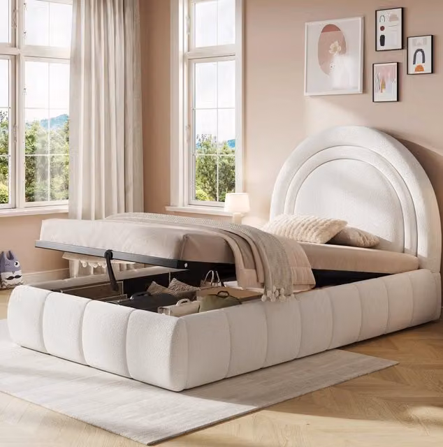 Letto imbottito per bambini 90x200 cm con vano contenitore idraulico in boucl¨¦ beige
