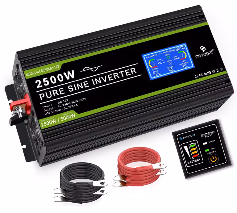 Inverter a onda sinusoidale pura - Potenza: 2500 W - Tensione di ingresso: 12 Volt - 2 prese di corrente - Alloggiamento in alluminio