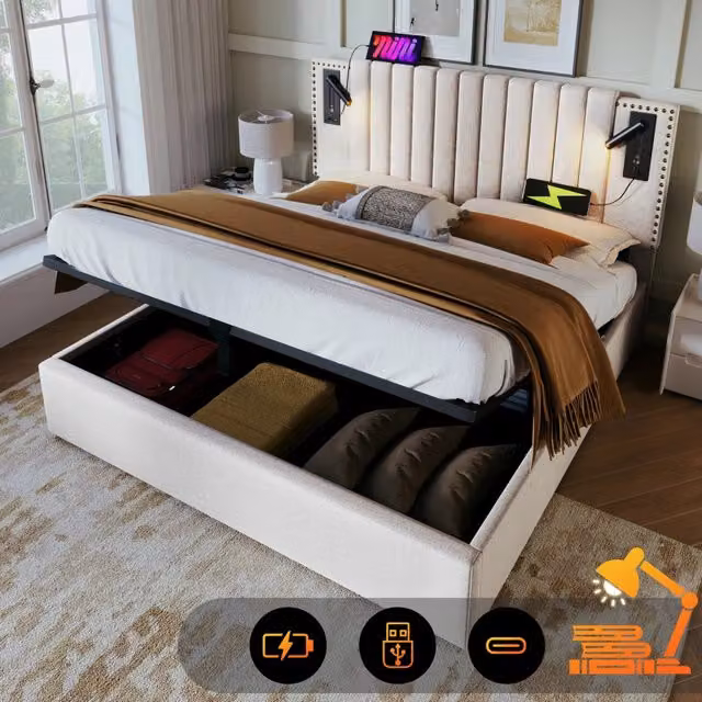 Letto matrimoniale contenitore 180x200 cm beige con luce da lettura; USB e Type-C