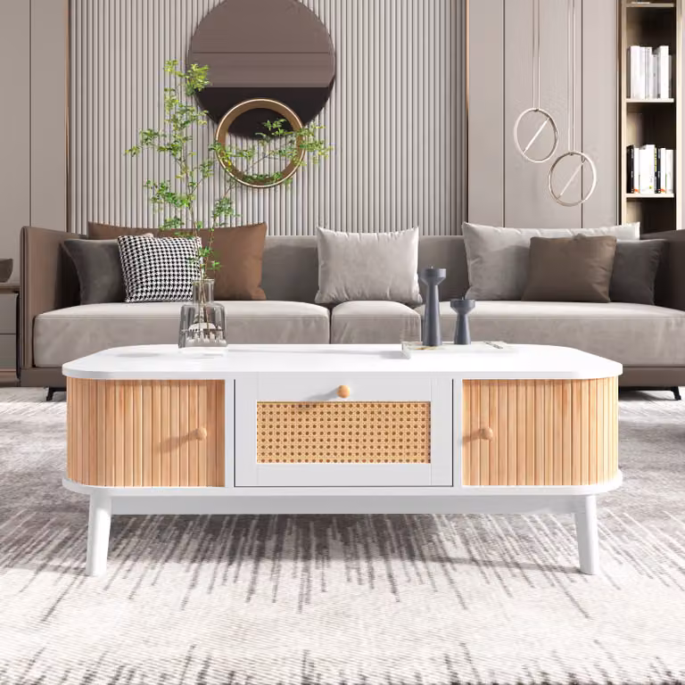 Tavolino da salotto - Tavolino in rattan, cassetti in rattan e ante scorrevoli con doghe in legno massello, gambe in legno massello, stile rustico naturale, bianco,