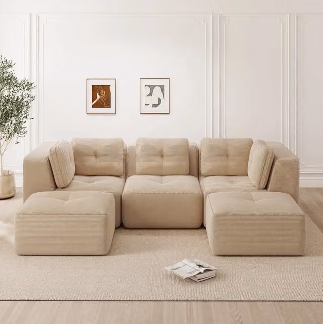 Divano angolare modulare in corduroy beige 297x177x69 cm con seduta profonda