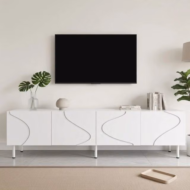 Cassettiera TV moderna KOMHTOM bianca in MDF e legno con finitura opaca L: 170 cm, P: 35 cm, H: 50 cm