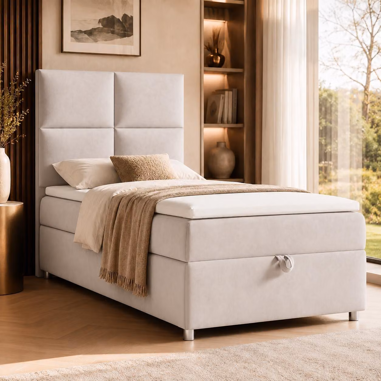 Best for Home Letto boxspring con contenitore Trinity K2-SINGLE 90x200 Materasso a molle Bonell incl. topper – Crema