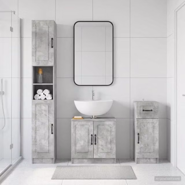 Set di mobili da bagno moderni vidaXL in 3 pezzi grigio, composto da mobileto alto, mobile sottolavabo e mobile laterale con ripiani interni e ante a battente