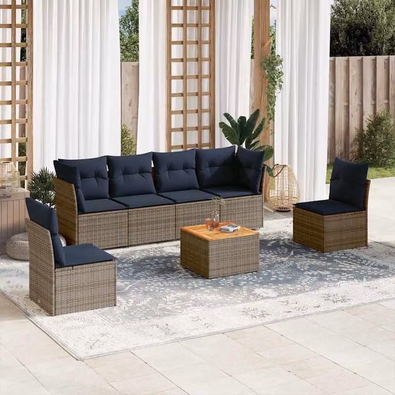 Set di divani da giardino vidaXL in polyrattan da 7 pezzi con cuscini grigi e tavolino da esterno a forma di L