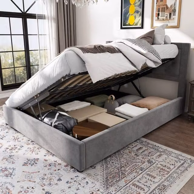 Letto contenitore Mivray con base a sollevamento, struttura in acciaio e rivestimento in velluto grigio, L/P: 140 x 200 cm