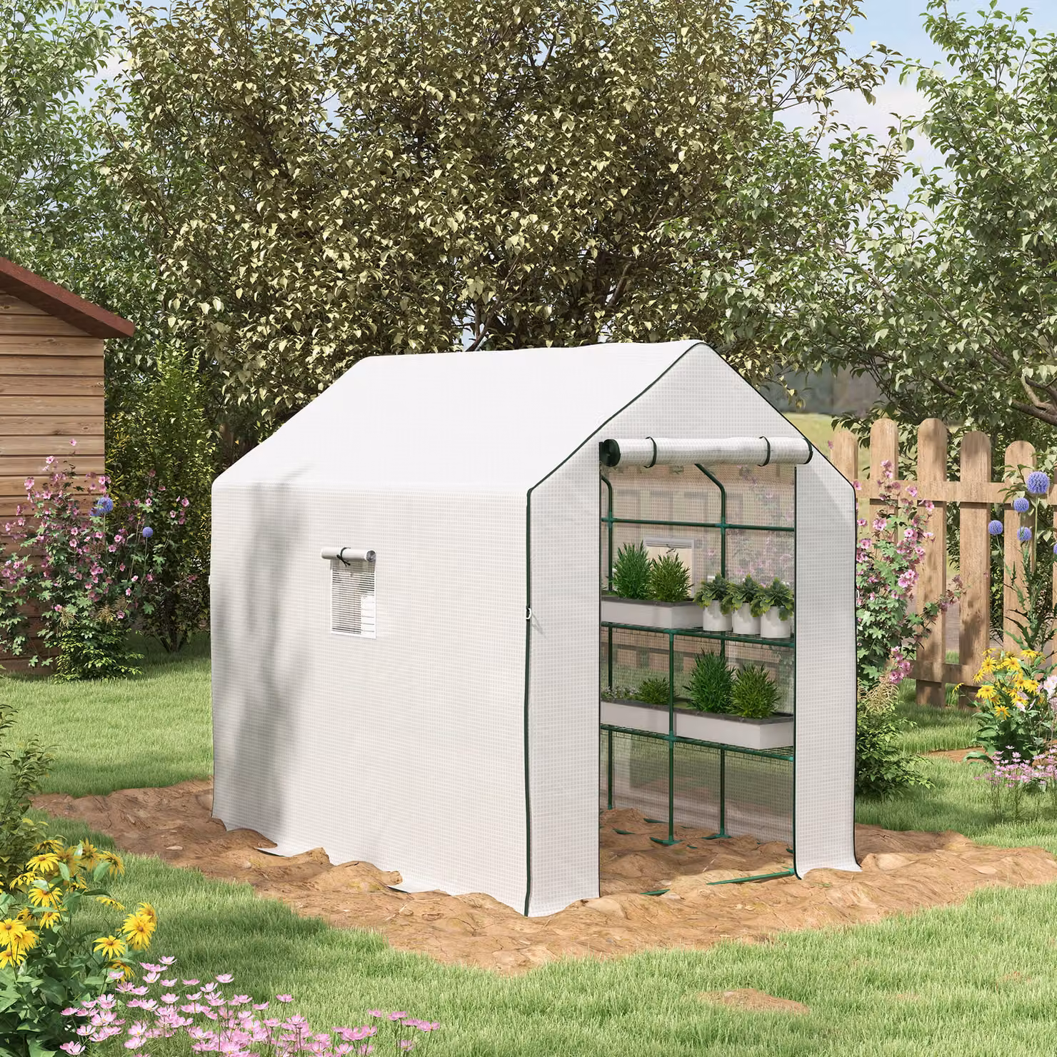 Outsunny Serra da Esterno con 12 Ripiani, Telaio in Acciaio e Copertura in PE, Bianco, L/P/H: 140 x 213 x 190 cm – 2