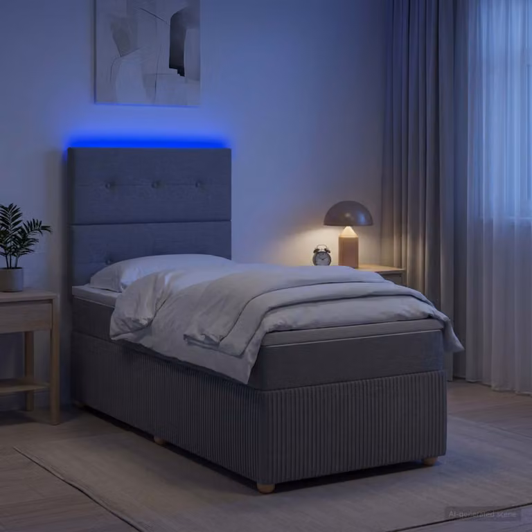 Letto Box Spring vidaXL con Materasso Ibrido e Illuminazione LED, Grigio e Bianco, L/P: 90 x 200 cm