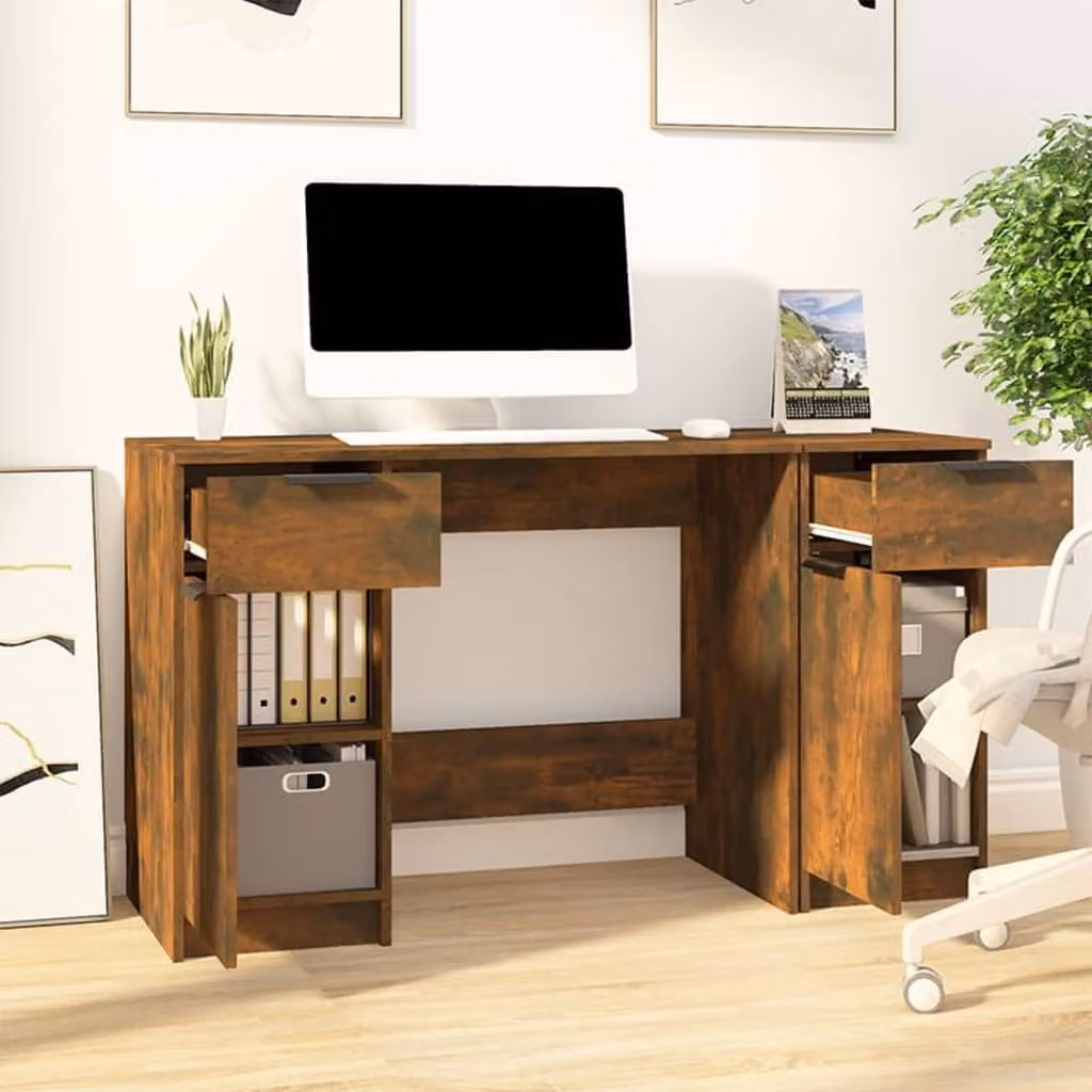 The Living Store Scrivania con mobile laterale in legno di rovere affumicato