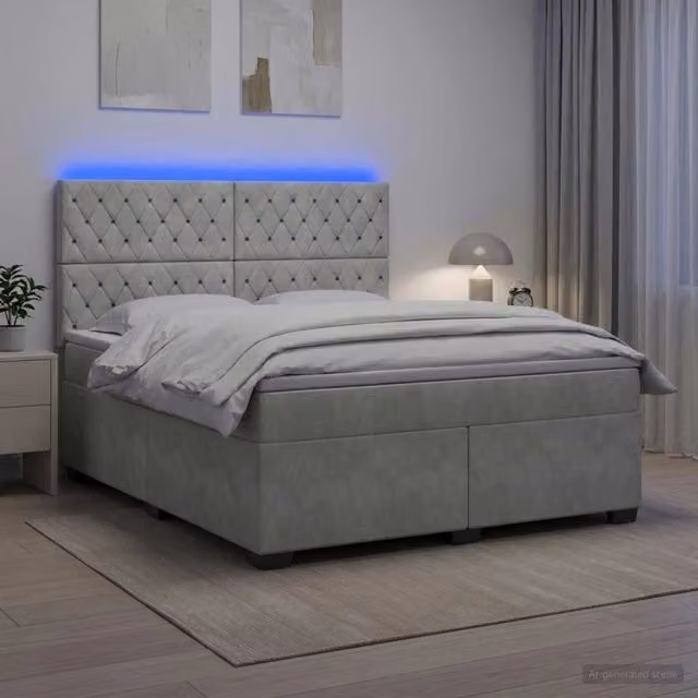 Letto box spring ibrido vidaXL con materasso in tessuto grigio e bianco, base contenitore con sistema lift-up, illuminazione sottostante e porte USB, L/P: 140 x 190 cm