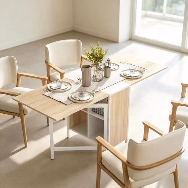 Tavolo da pranzo pieghevole Mivray con 4 vani in MDF e metallo, colore bianco e rovere chiaro, L/P/H: 170 x 140 x 75 cm