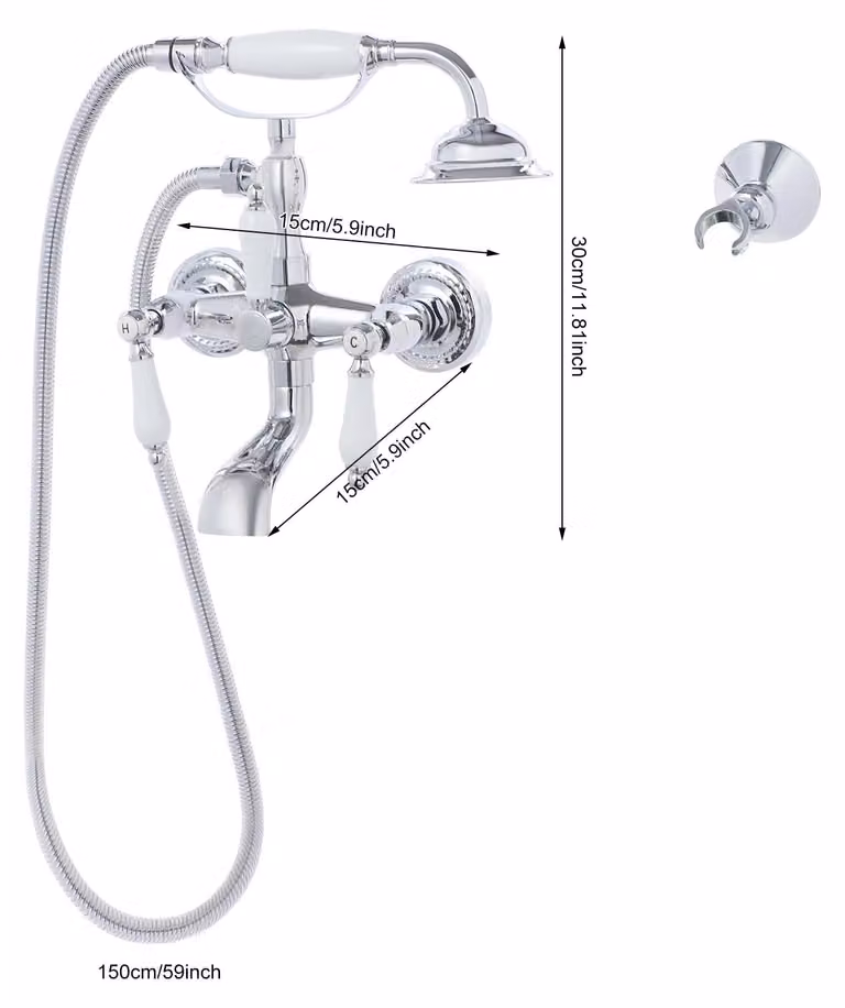 Miscelatore per vasca da bagno – Miscelatore da parete per vasca con doccetta manuale – A due manopole – In ottone – Acqua calda e fredda – Galvanizzato – Argento