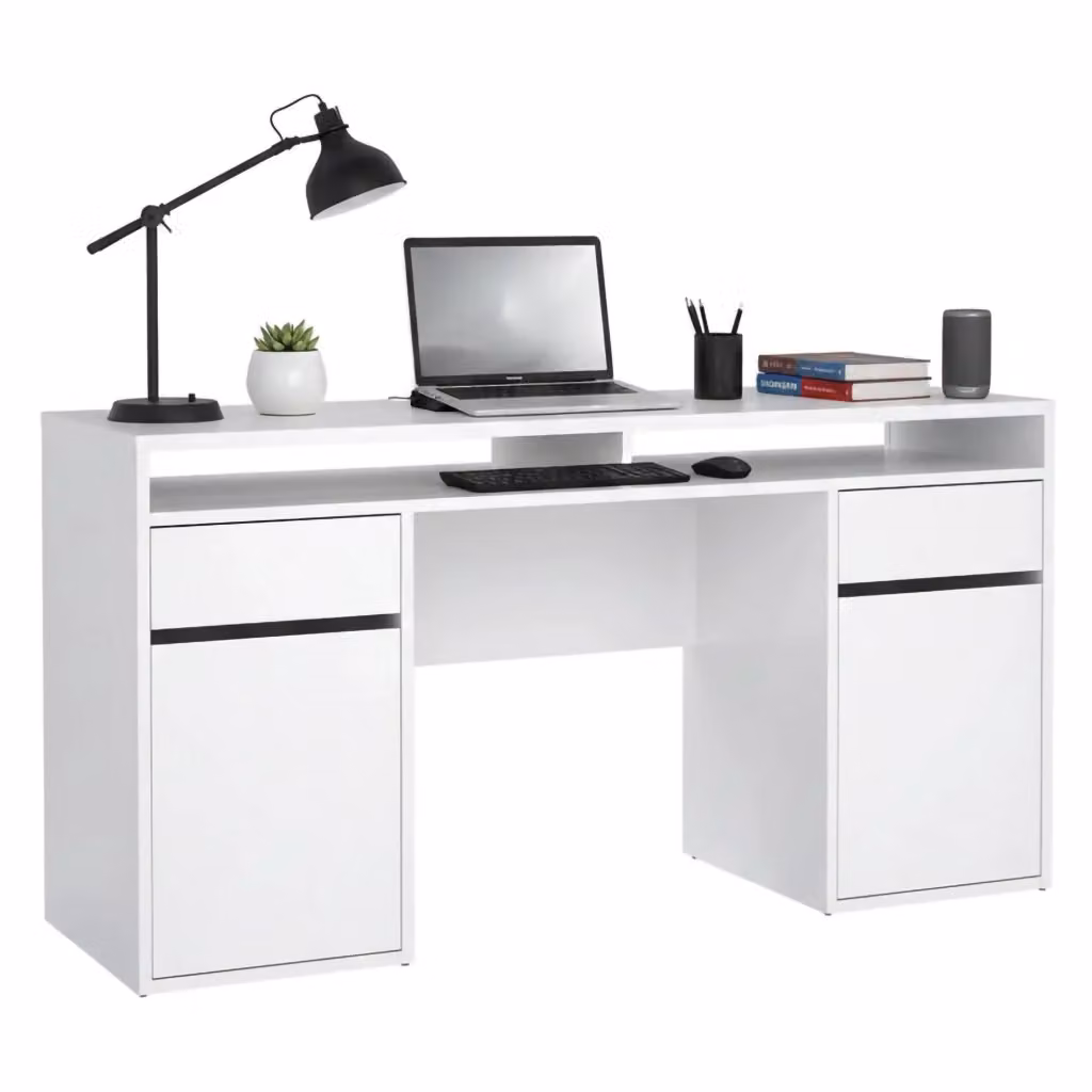 Scrivania DMORA moderna in MDF bianco lucido per ufficio o casa, L: 149 cm, P: 48,2 cm, H: 77,4 cm – 2