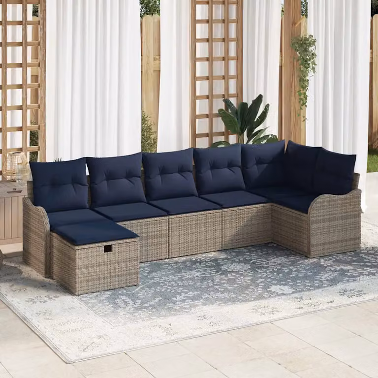 Set di divani ad angolo L vidaXL in rattan con cuscini grigi e blu navy e pouf per giardino e terrazzo
