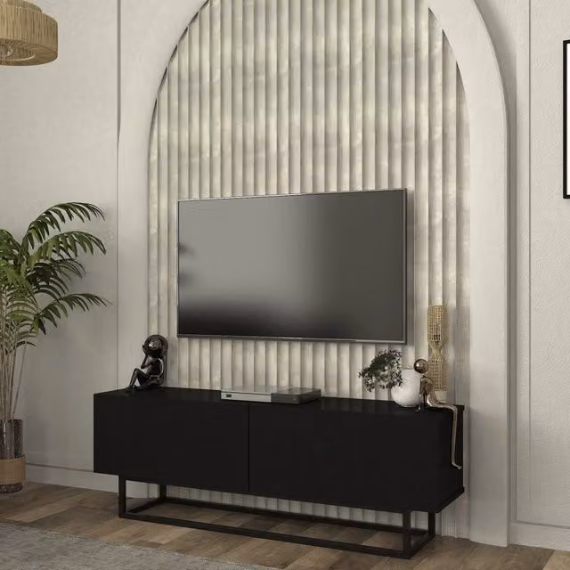 Mobile Porta TV Nolven en.casa con 2 Ante Ribalta e Telaio in Metallo, Nero, L 135 cm x P 31,5 cm x H 46,5 cm