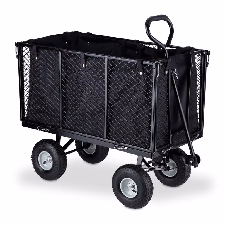 Carrello a mano Relaxdays, carrello di grandi dimensioni, sponde laterali ribaltabili, telone rimovibile, maniglie, 500 kg, nero-grigio