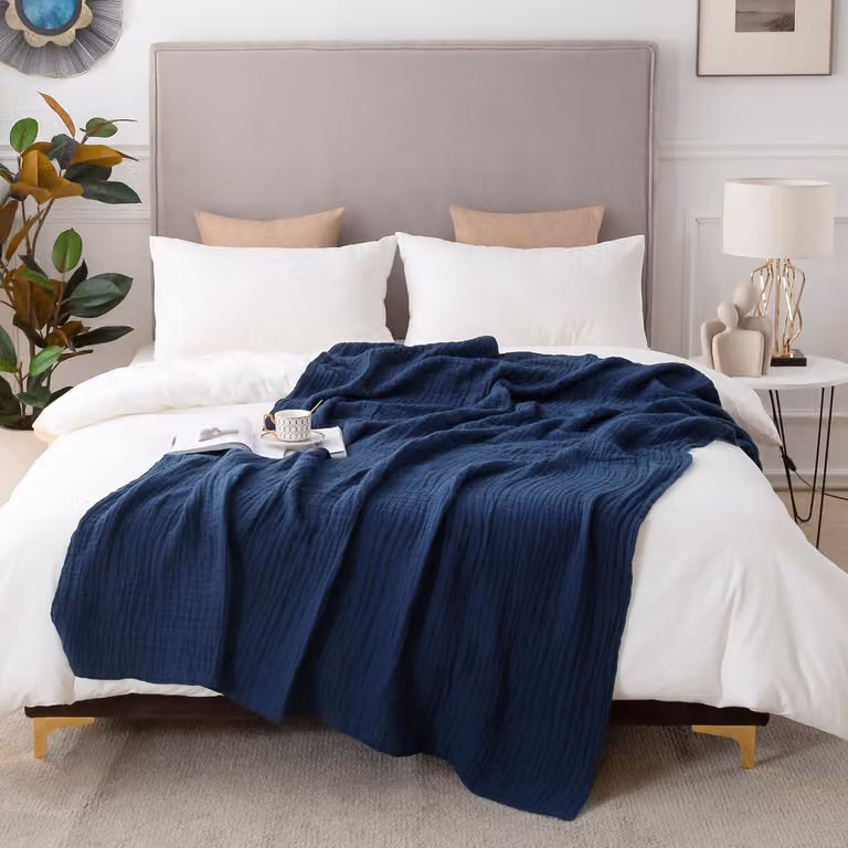 Coperta in mussola di cotone, matrimoniale, 274 x 228 cm, colore blu navy