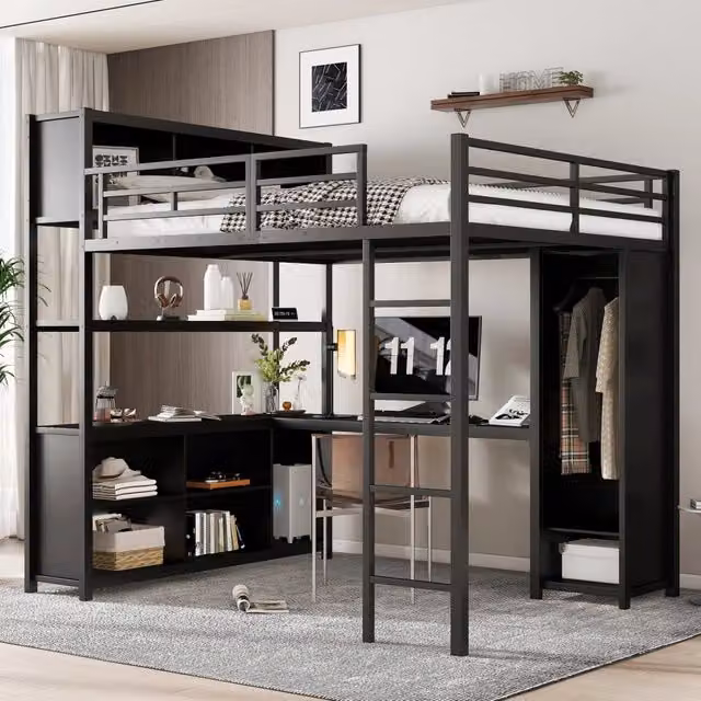 Letto a soppalco 140×200 cm con scrivania, armadio e ripiani, senza materasso, metallo e pannelli truciolari, nero