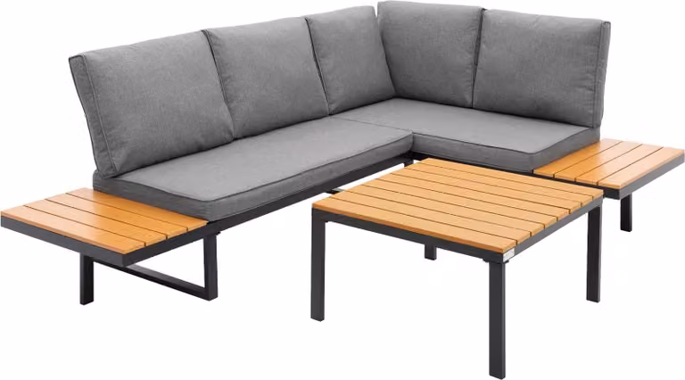 ML-Design Set di mobili da giardino 3 pezzi Mobili da terrazza con tavolino Cuscini Grigio effetto legno Divano angolare resistente alle intemperie Set di sedute combinabile liberamente Mobili da balcone lounge