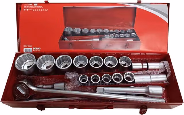 Set di 20 bussole poligonali Krino con prolunghe e cricchetto 3/4 in acciaio al cromo vanadio, misure 19-50 mm, colore argento