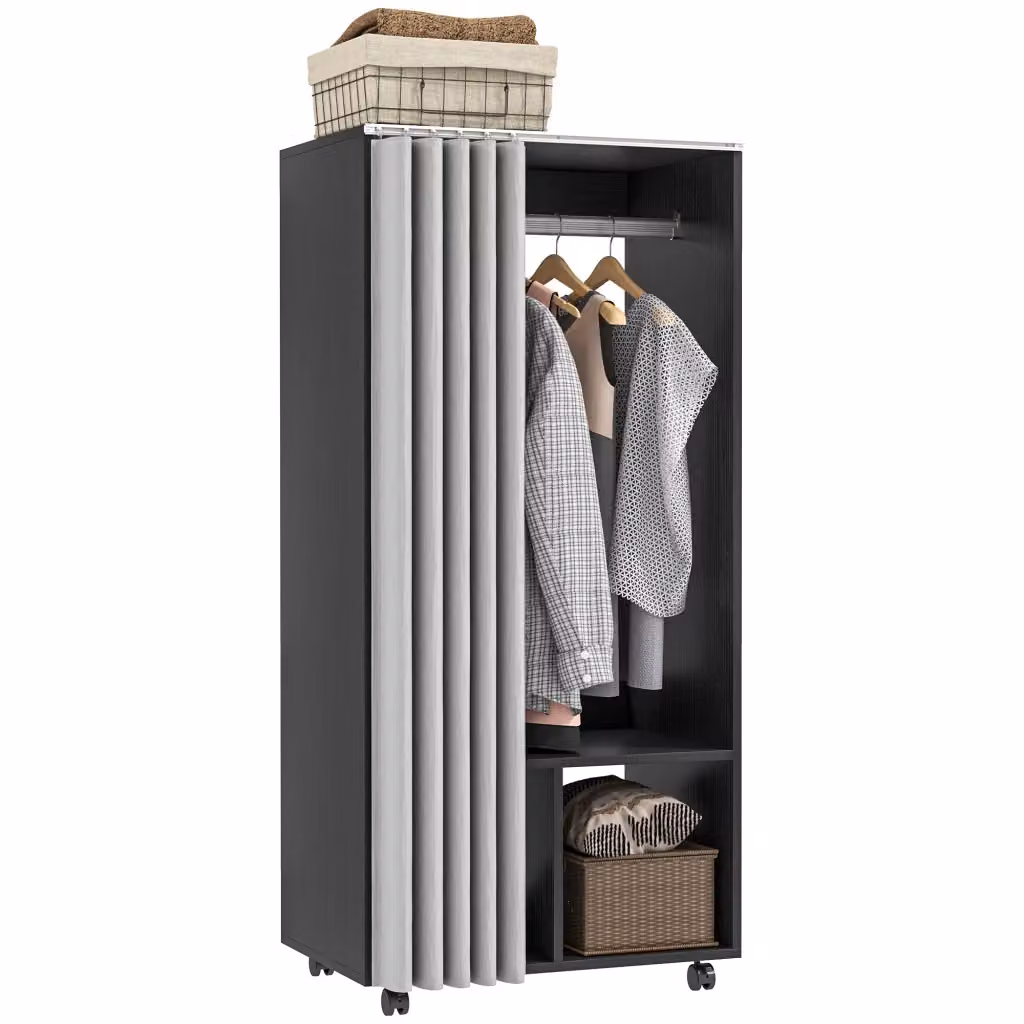 Armadio guardaroba XYLO con ante a tendina nero opaco, asta appendiabiti, L: 128 cm, P: 40 cm, H: 40 cm – 2