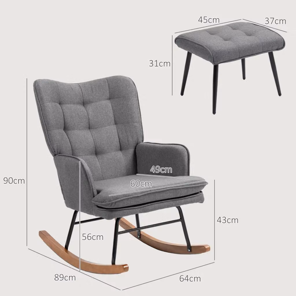 Poltrona a dondolo WISHDOR con poggiapiedi integrato e braccioli, rivestimento in tessuto effetto lino grigio scuro, H: 89 cm, L: 64 cm, P: 90 cm – 2