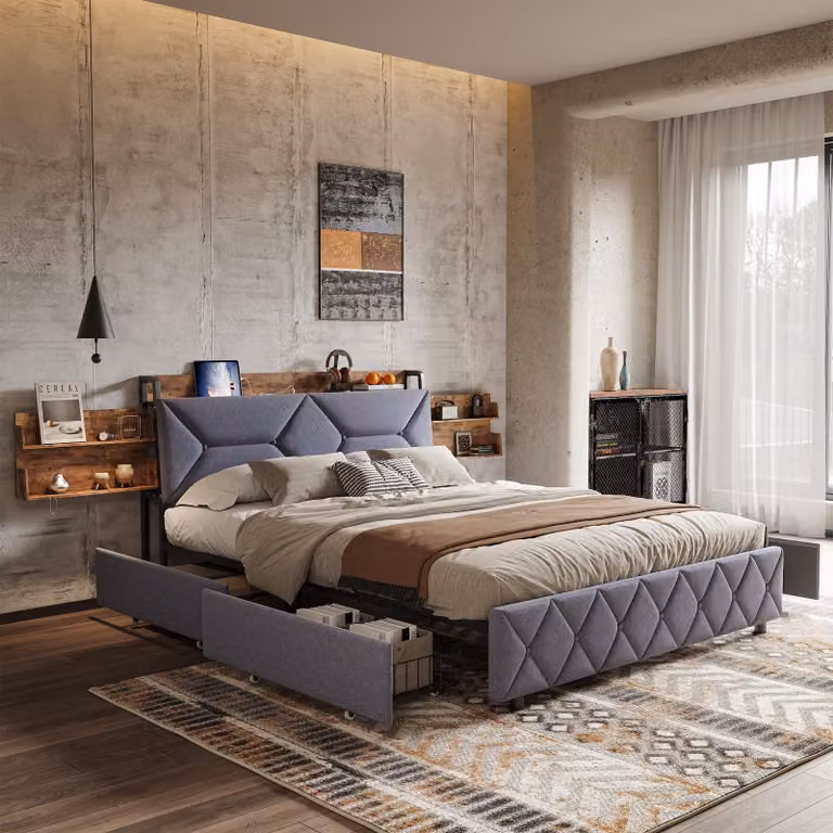 Letto imbottito 160x200 cm, letto contenitore con 4 ampi cassetti, letto matrimoniale con connessioni USB e Type-C, testiera contenitore con poggiatesta ergonomico, letto per ragazzi letto per adulti, grigio