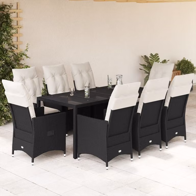 Set da Pranzo da Giardino vidaXL in Polyrattan Nero con Cuscini e Tavolo in Vetro, 9 Pezzi