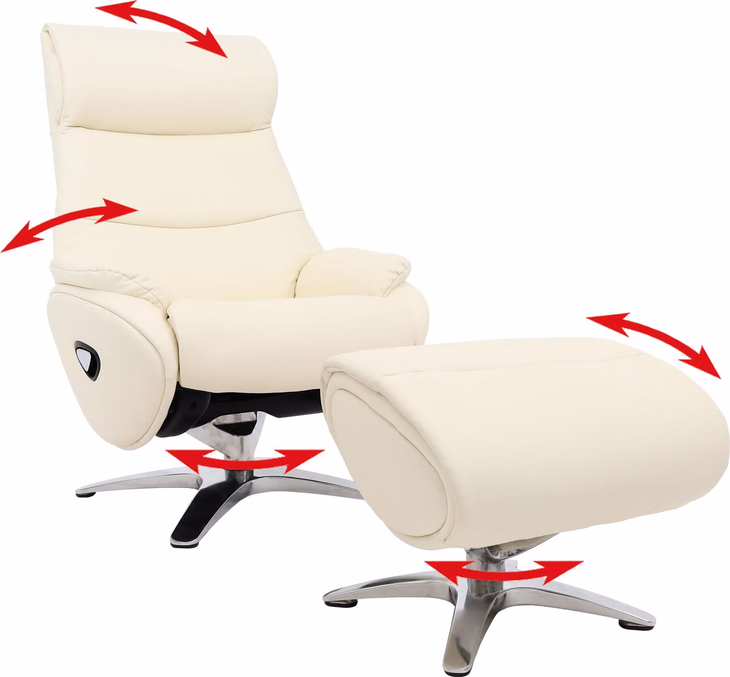 Poltrona relax con sgabello HWC-K98, poltrona TV, funzione reclinabile, girevole, metallo vera pelle/artificiale ~ bianco panna