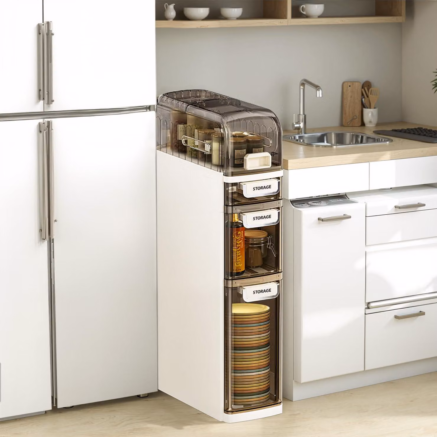 Mobiletto bagno stretto con ruote, 4 ripiani, 3 cassetti, in plastica
