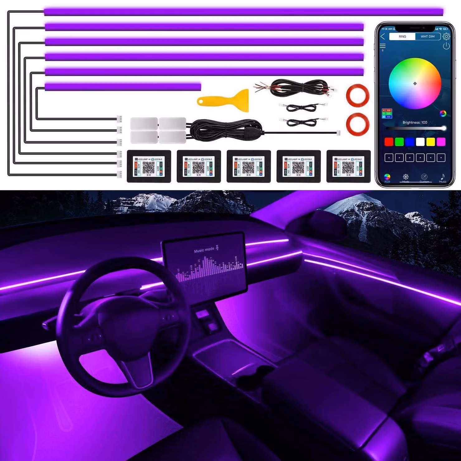 Illuminazione interna per auto a LED, acrilico, RGB, sincronizzazione con la musica, controllo tramite app, 10 in 1, 175 pollici, 593 LED