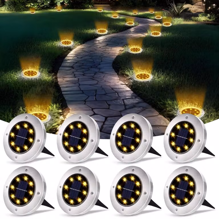 Luci solari da incasso per pavimenti, confezione da 8, 8 LED, grado di protezione IP65, luce bianco caldo