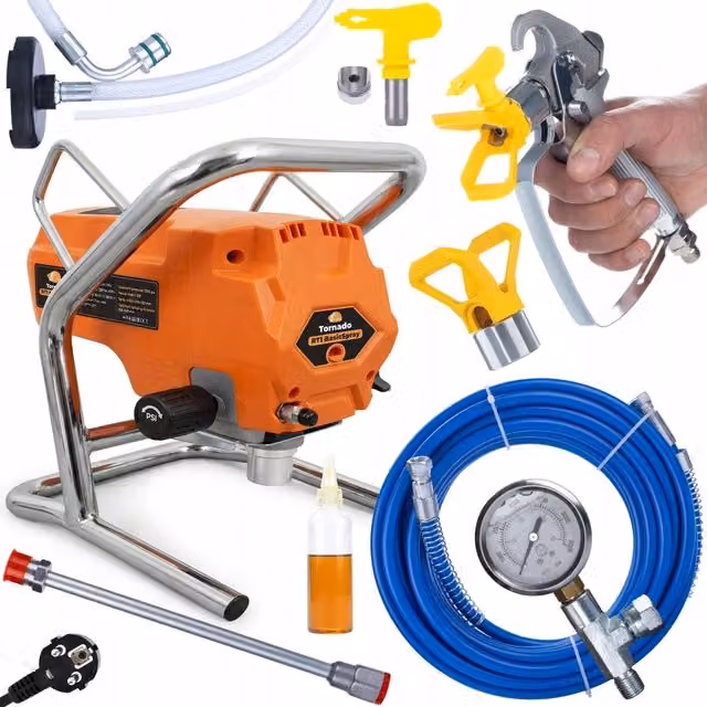 Pompa Airless Rosfix Tornado RT1 BasicSpray arancione con asta di estensione, 950W, 3300 PSI, ideale per verniciatura di pareti, lacche e vernici