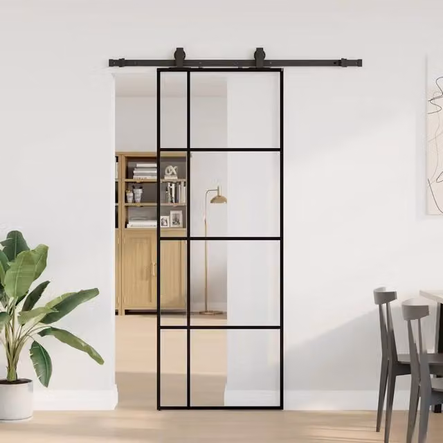 Porta Scorrevole Moderna vidaXL in Vetro Trasparente con Ferramenta Nera L: 76 cm, H: 205 cm
