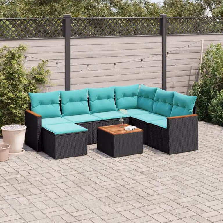 Set di divani da giardino vidaXL 8 pz in polyrattan nero con cuscini e tavolino da esterno