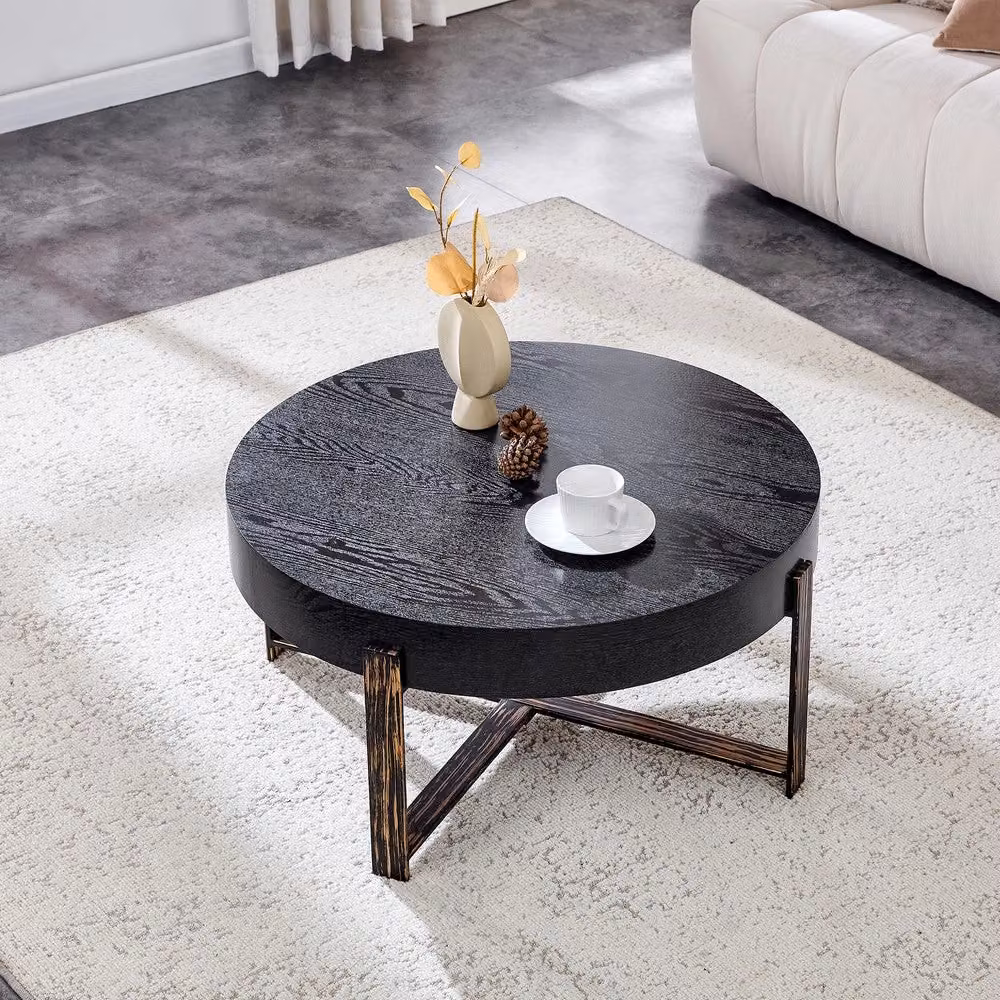 Tavolino da caffè rotondo MINIMAL in MDF nero con gambe in metallo bronzo, Diametro: 68 cm – 2