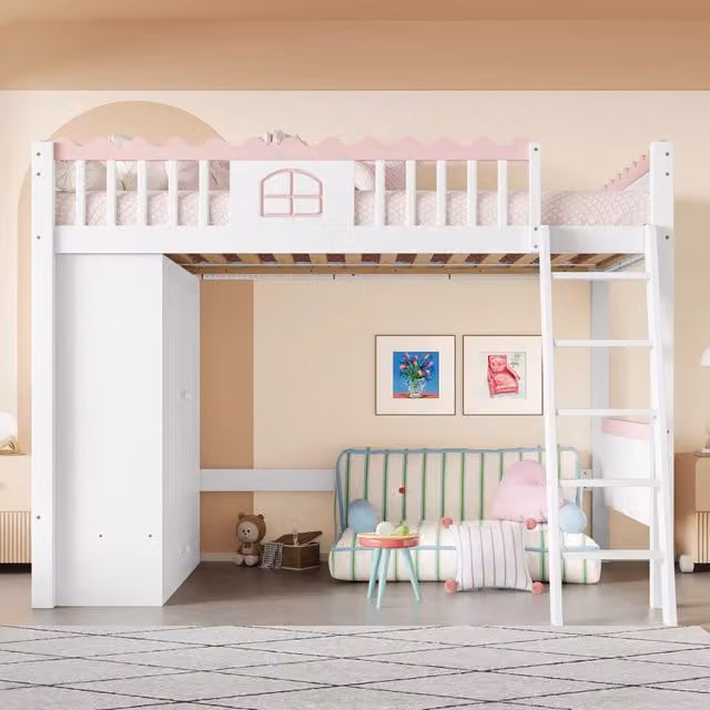 Letto a soppalco per bambini 90x200 cm in legno di pino e MDF; con armadio e luci LED; bianco