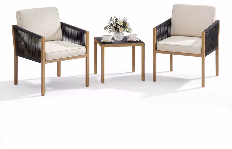 Set da giardino KOMFOTTEU, composto da 3 pezzi: set di mobili da balcone in rattan con tavolo da giardino e 2 sedie da giardino, piccolo set lounge con cuscini, ideale per balcone, terrazza e giardino, colore beige