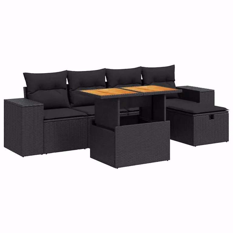 Set Divano da Giardino 6 pz con Cuscini Nero Polyrattan Acacia