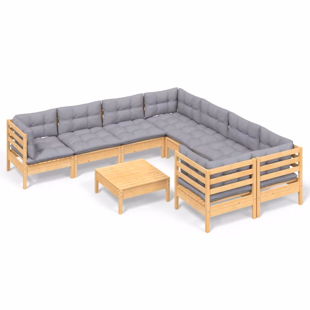 Set Divani da Giardino 9 pz con Cuscini Grigi Massello di Pino