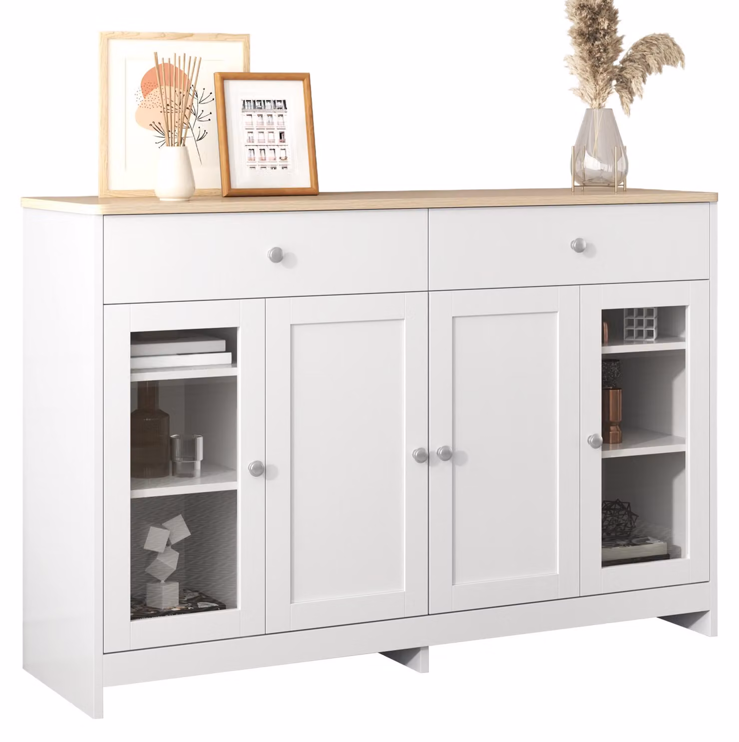 Mobile bar Moonbite per sala da pranzo, 120 cm, bianca; credenza con quattro ante, due cassetti e una porta in vetro; mobiletto per stoviglie con ripiani regolabili, realizzato in pannello MDF, colore bianco