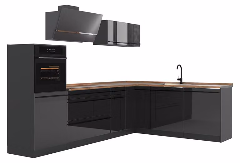 Cucina angolare completa Vicco R-Line Antracite lucido/Antracite 287 x cm piano di lavoro Rovere dorato, Model 66750