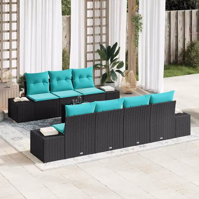 Set Divano da Giardino vidaXL 8 Pezzi a Forma di U con Tavolino, Poltrona e Cuscini, Colore Nero e Turchese, Struttura in Metallo e Polyrattan Resistente alle Intemperie